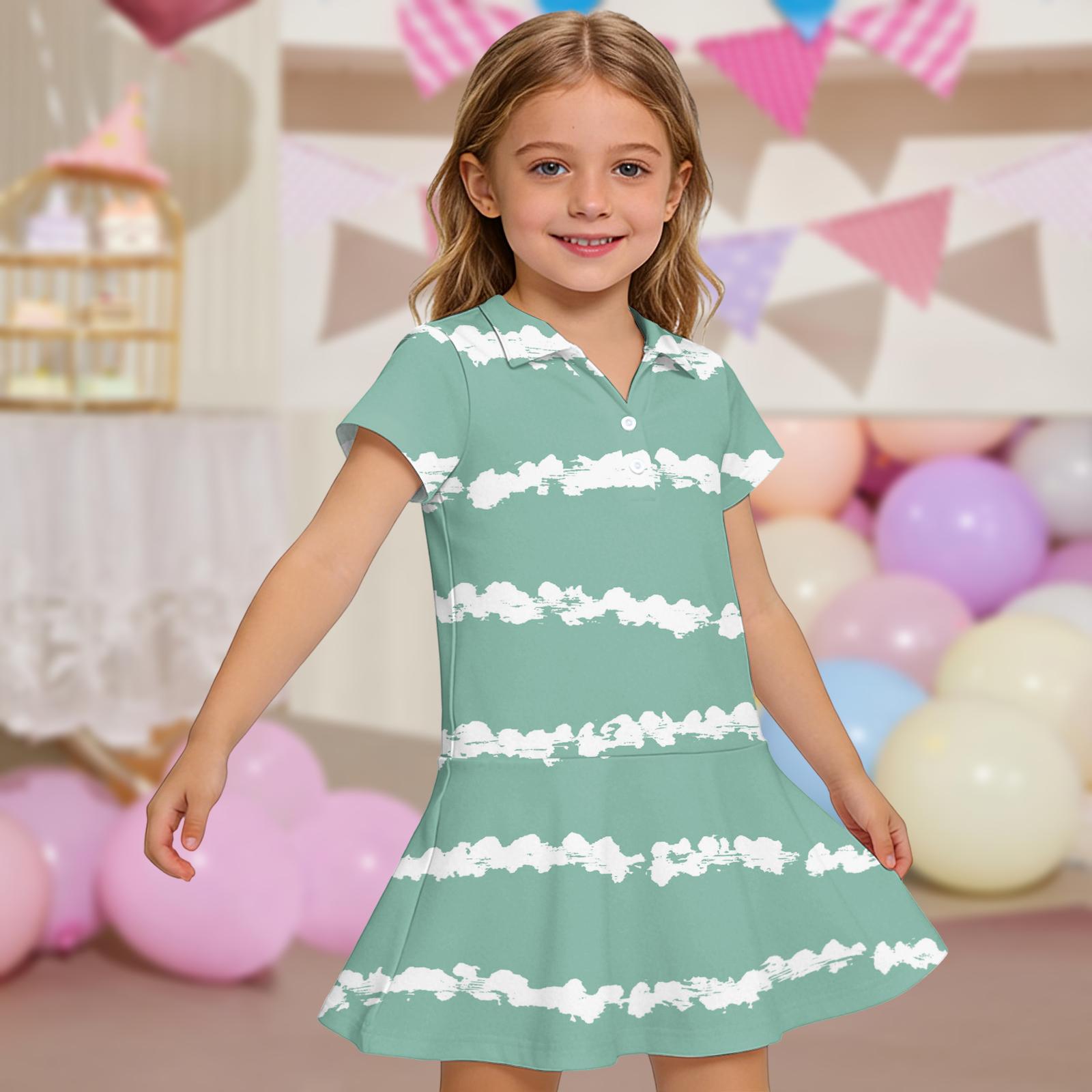 

Girls Short Sleeve Polo Dress with Striped Pattern and Pockets Casual Comfortable Fit Lightweight Fabric 150