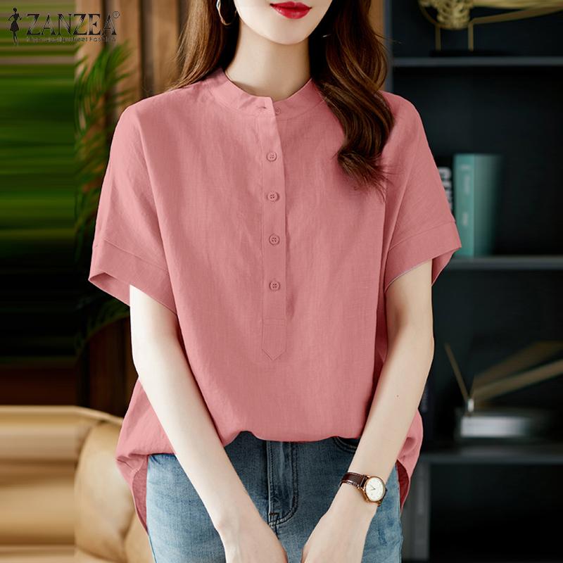 ZANZEA Womens Round Neck Solid Color Short Sleeve Cotton Blouse