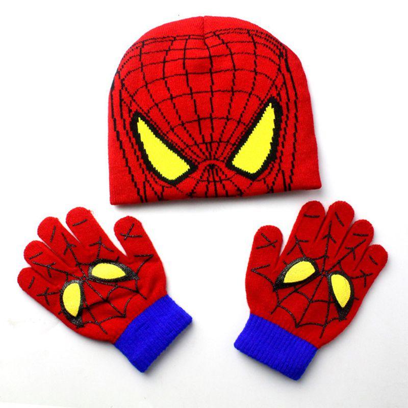 Minions Spiderman Children Cartoon Knitted Hat Gloves Winter Warm Suit Years 16