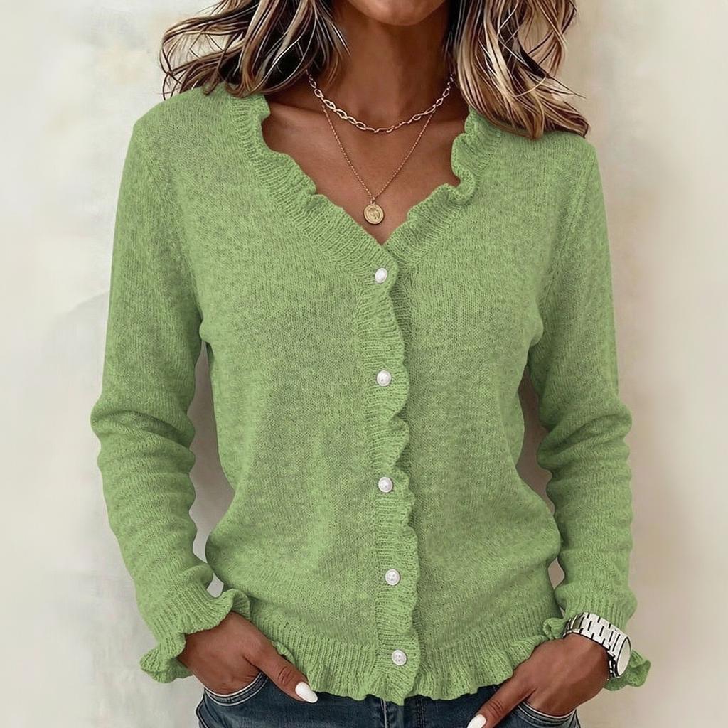 Women's Elegant Color Long Sleeve Cardigan Sweater with Ruffle Trim Button Front