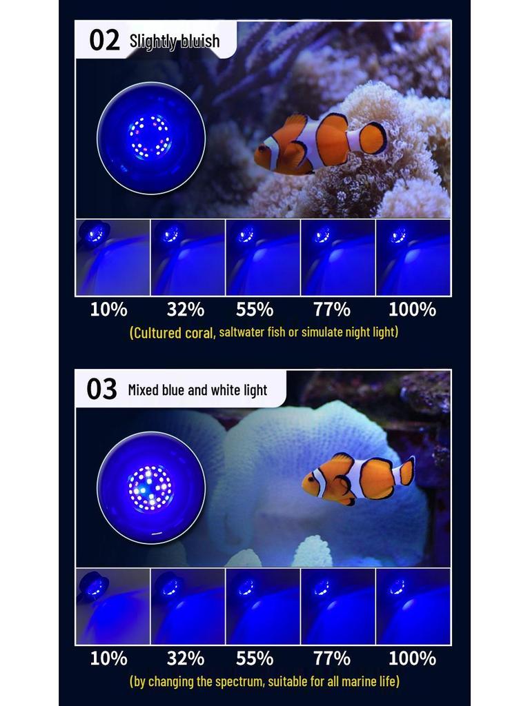 LED Marine Aquarium Light with Dimming and Timer for Saltwater Tanks, Clownfish & Coral, Blue/White Clip-on with Enhanced Blue Light