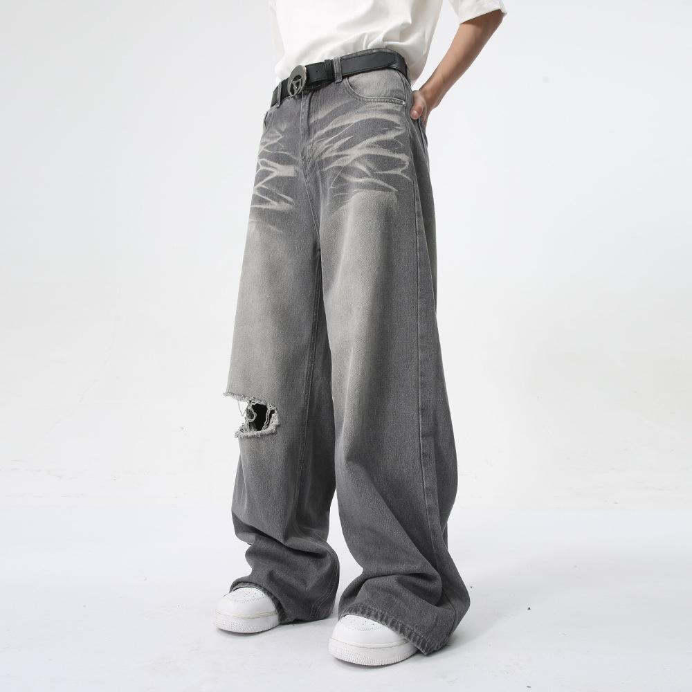 Men's Summer New Product Retro Washed Pattern Distressed Straight Leg Wide Leg Mop Jeans