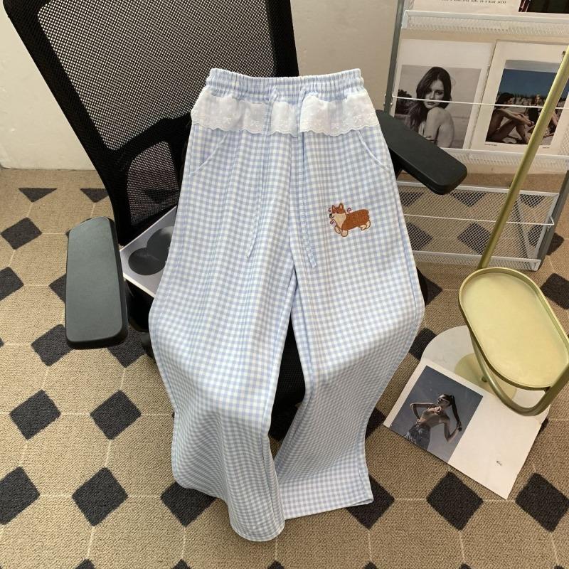 

Embroidered Corgi Women s Pants Loose Casual Spring/Autumn New Straight Trousers High Waist Plaid Splicing Lace Trouser S небесно-голубой