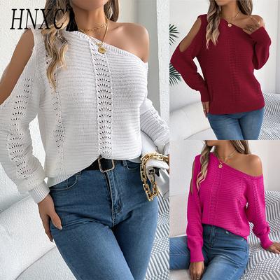 Autumn and Winter Casual Solid Color Cut-out Off-the-shoulder Long-sleeved Pullover Sweater for Women