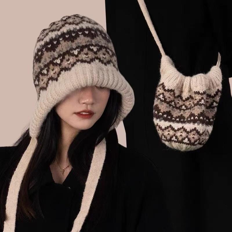 Fel Island Style Knitted Hat, Women, Winter, Balaclava Hat, Bag Dual-use, Warm, Plush Pile Yarn Hat