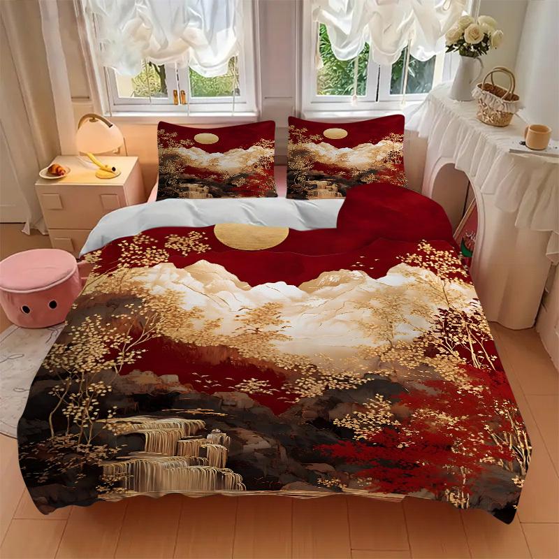 3pcs Chinese Style Landscape Bedding Set, Includes 1 Comforter + 2 Pillowcases, Without Pillow Inserts, Soft Comfortable, Lightweight Breath