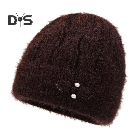 

Зимняя шапка для женщин среднего возраста с цветочной аппликацией, декорированная куполом, трикотажная эластичная шапочка, однотонная, без полей, сохраняющая тепло, зимняя шапка для бабушки и мамы кофейный