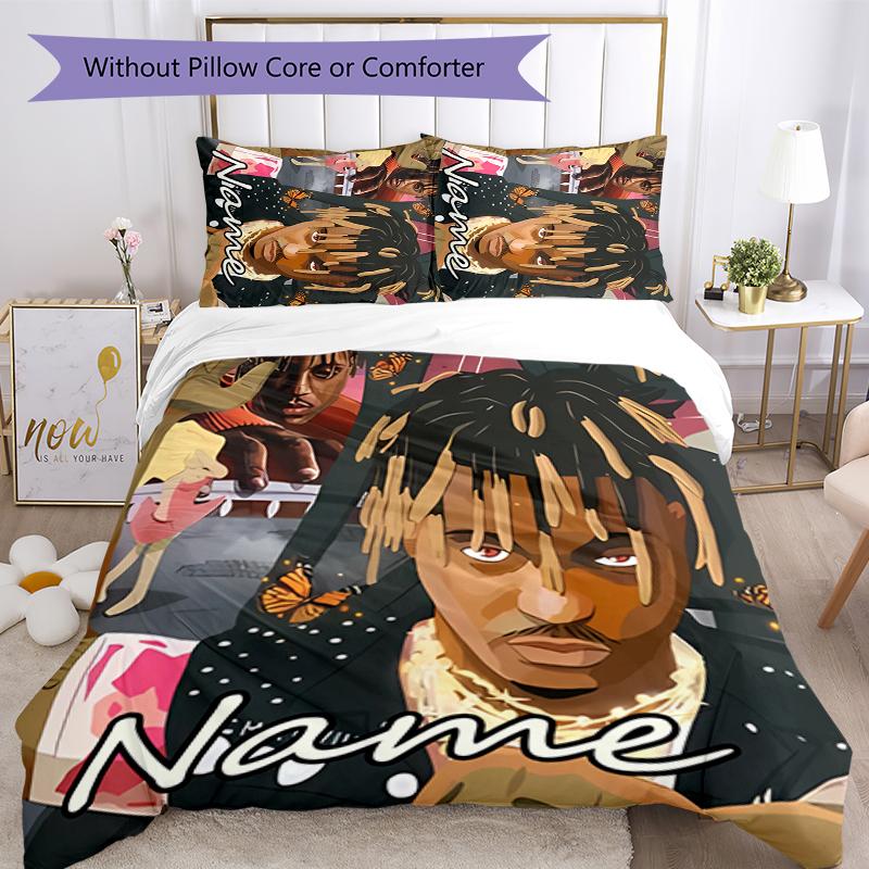 3pcs Custom Name Cartoon Juice WRLD Bedding Set Duvet Cover Closure Includes 1 Duvet Cover & 2 Pillowcases for All Seasons Bedroom Decor