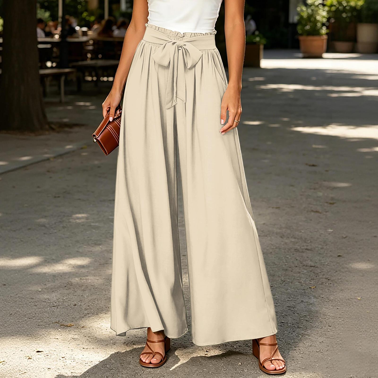 

Women High Waist Wide Leg Pants Bohemian Style Palazzo Trousers with Drawstring and Pockets for Casual Relaxed Fit M бежевый