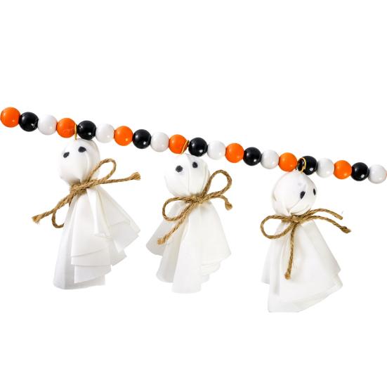 7.2FT Halloween Ghost Garland with Wooden Beads Handmade Rustic White Ghost Decor Vintage Farmhouse