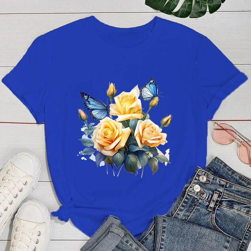 (Premium T-shirt)Flowers Butterfly T-Shirt Women Fashion Harajuku T Shirt Summer Cool Short Sleeve Hip Hop Top Tee