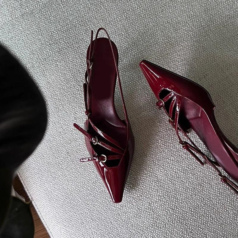 Patent Leather Thin Heel French High Heels Niche Design Sense 2025 Celebrity Word with Bag Head Sandals Empty Single Shoes Women