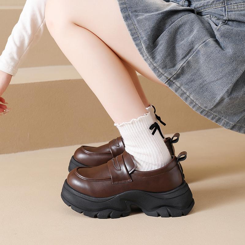 Fashion CRLAYDK Fashion Women's Platform Mid Chunky Heel Loafers Classic Round Toe Slip On Office Uniform Leather Walking Shoes