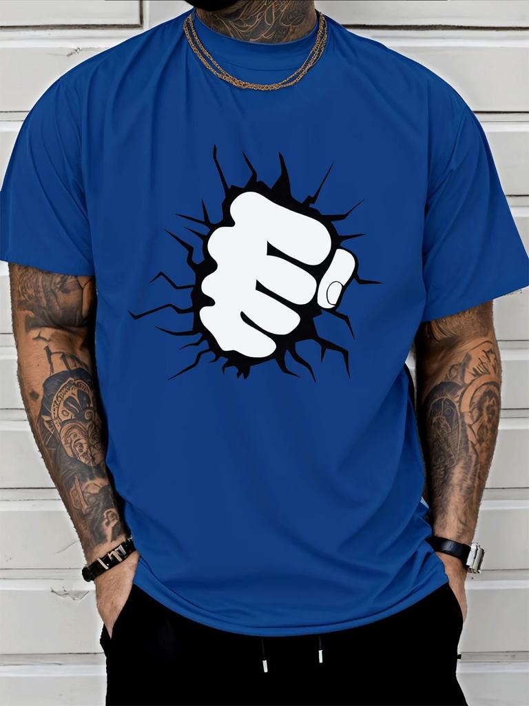 Unisexs Black Crew Neck Tee Cracked Wall Fist Punch Creative Graphic Print Loose Summer Street Casual Daily Basic Short Sleeve Top