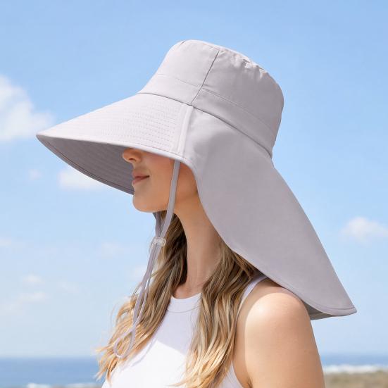 Summer Sun Protection Bucket Hat, Foldable Breathable Mesh Fisherman Hat, Ventilation Large Brim Hat with Detachable Neck Shawl for Outdoor Summer