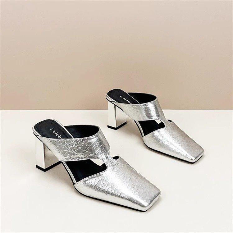 High-heeled cool slippers summer new bag head empty women's slippers simple outer wear fashion square head thick heel slippers women
