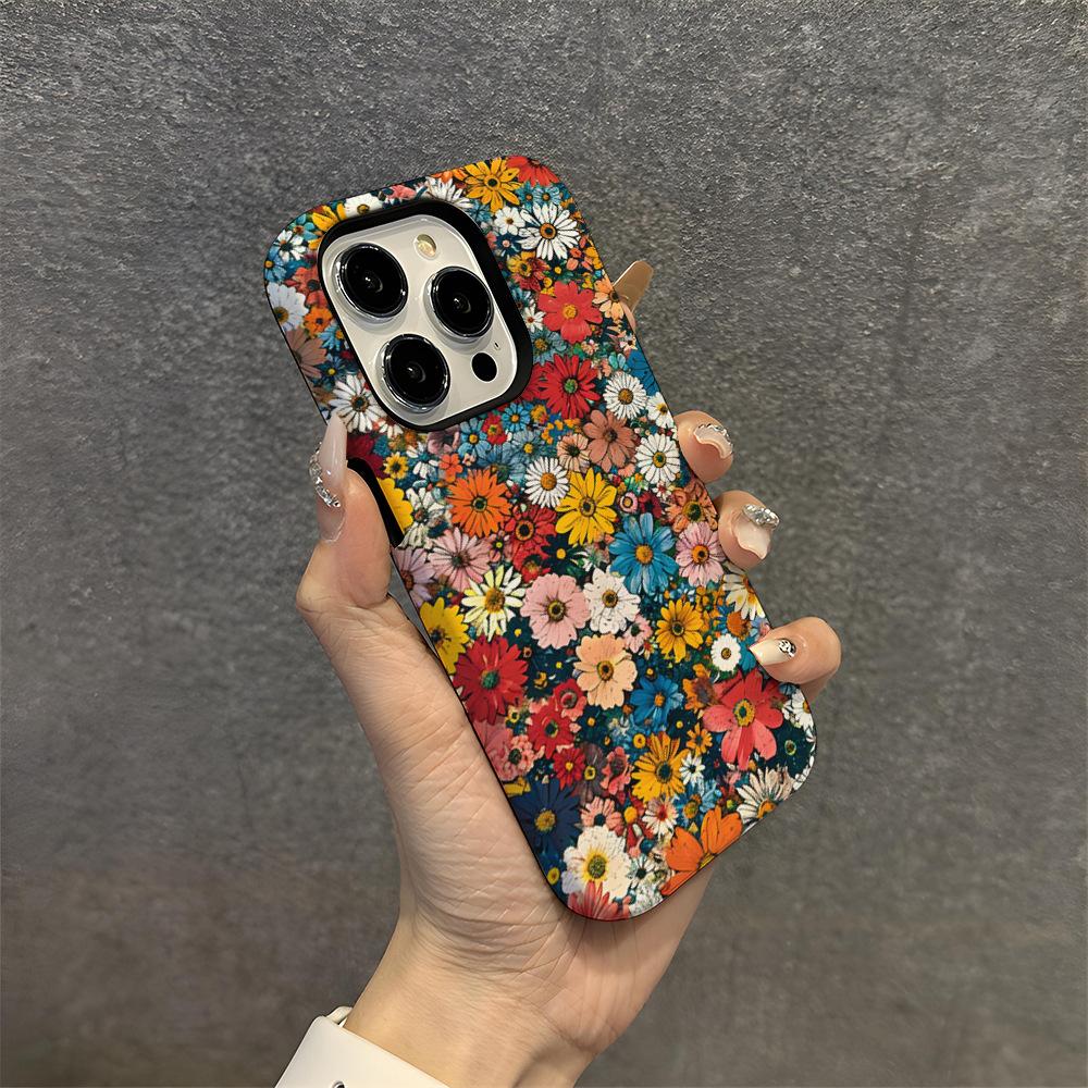 Retro oil painting flower mobile phone case iPhone16 anti-drop two-in-one film Apple mobile phone case 17promax