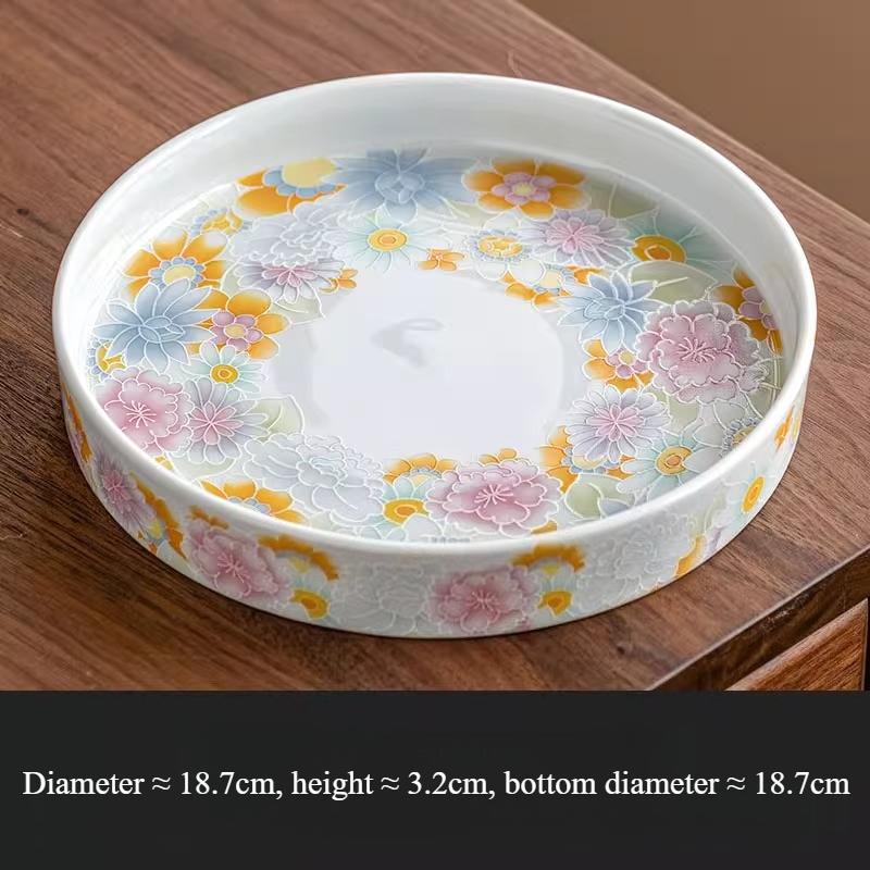 

New Chinese Style Ceramic Round Antique Glaze Thousand Flower Dry Bubble Tray Chic Household Tea Tray
