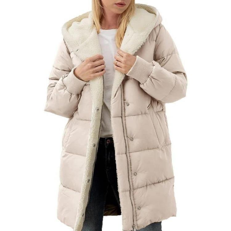 

Windproof Winter Women Coat with Thick Fleece Lining Hooded Down Jacket Zipper Cardigan XXXL