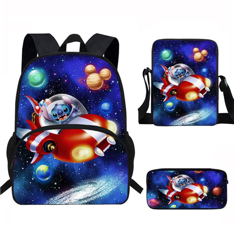 Stitch Kids School Backpack Set Elementary Students Oxford Fabric Ergonomic Design Printed Cartoon 3-Piece Bundle