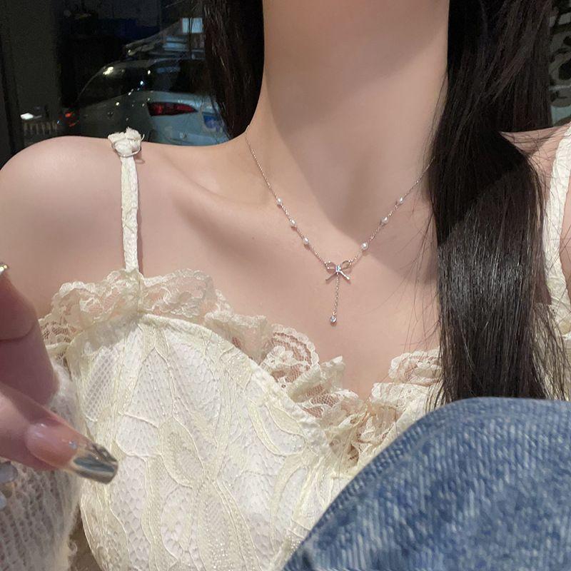 Girl Bow Necklace, Female Summer Light Luxury Niche Design Sense Temperament, Pearl Fringed Collarbone Chain, Gift for Girlfriend