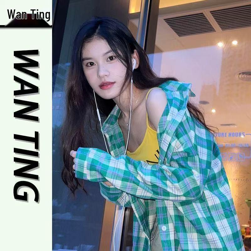 Dámská zelená kostkovaná ležérní halenka s dlouhým rukávem - Lehká, volného střihu na jaro, léto a podzim