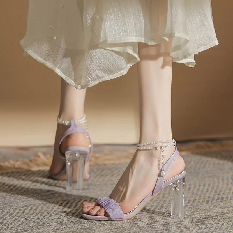 

Fashion versatile high-heeled sandals, new summer transparent crystal-heeled sandals, pearl word with thick-heeled sandals 40 фіолетовий