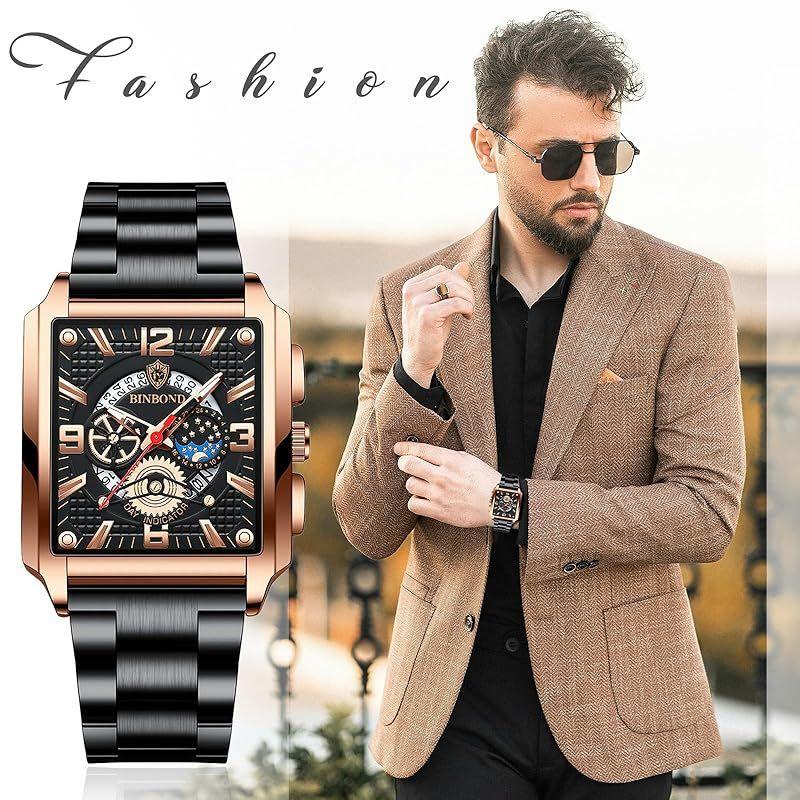 Used [New] Square Watch for Men, 3ATM Waterproof: Luminous, Analog Calendar, Skeleton, Stainless Steel Band, Star, Moon, Quartz Watch, Casual,