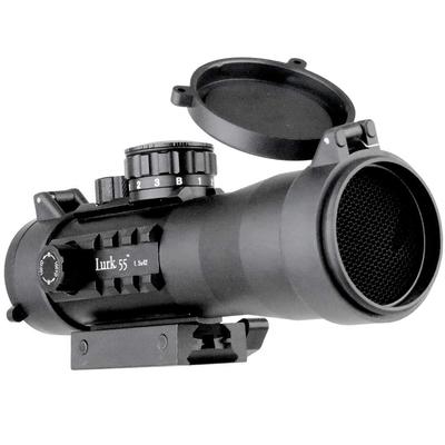 ANS Optical Lurk55 1.5x42 Krátky puškohľad s 1.5x pevným zväčšením, 42mm objektívom, červeným, zeleným a modrým bodovým zameriavačom a Kill Flash (sc-055-E10)