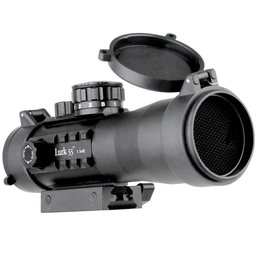

ANS Optical Lurk55 1.5x42 Короткий оптичний приціл з 1.5x фіксованим збільшенням, 42 мм об єктивом, прицільною сіткою з червоною, зеленою та синьою точкою та антибліковою насадкою (sc-055-E10)
