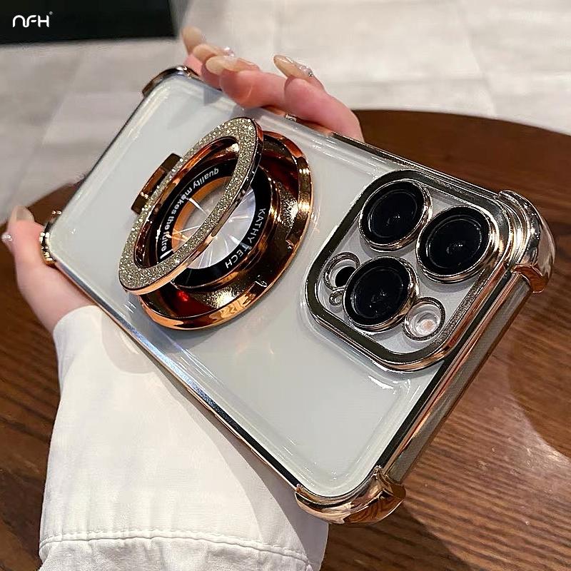 For iPhone 16E 16 Pro Max Luxury Flash Holder Stand Plating Frame Phone Case For iPhone 11 12 13 14 15Plus Lens Protective Cover