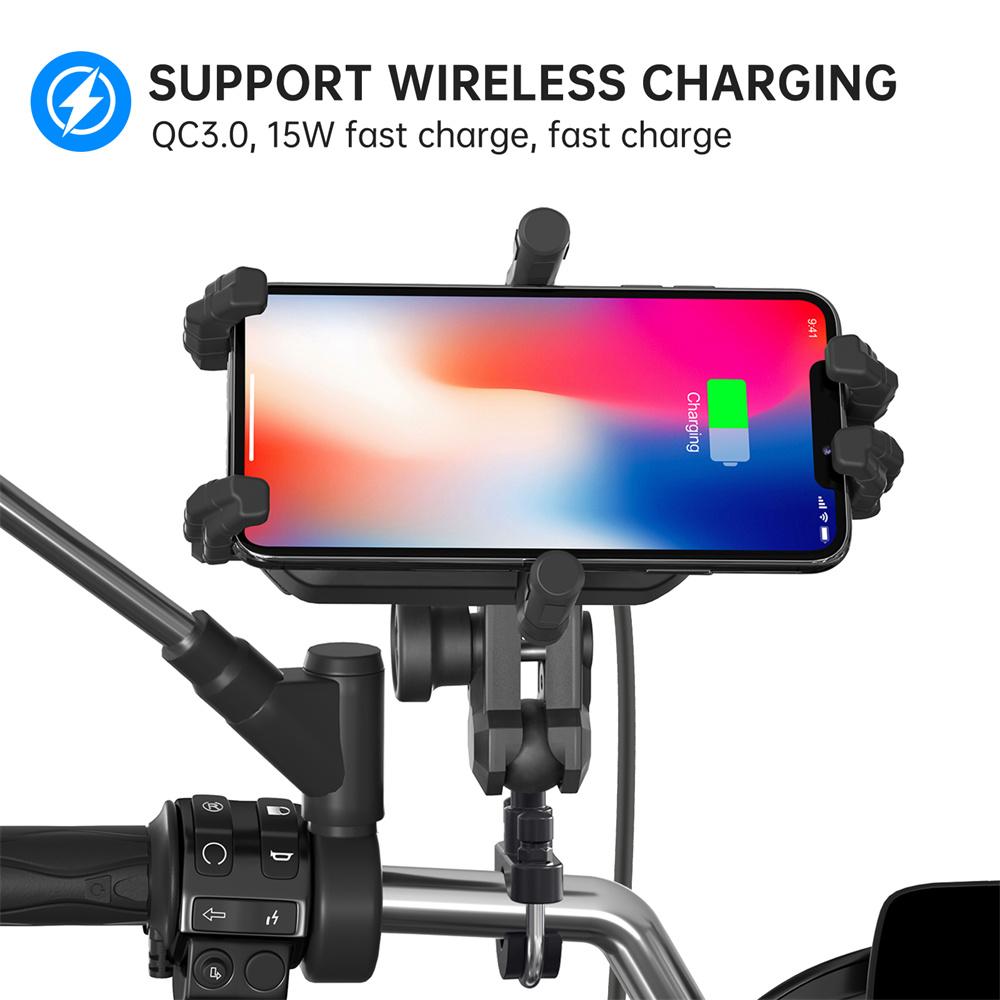 Motorcycle Handlebar Phone Holder 15W Wireless Charger QC3.0 360 ° Rotatable