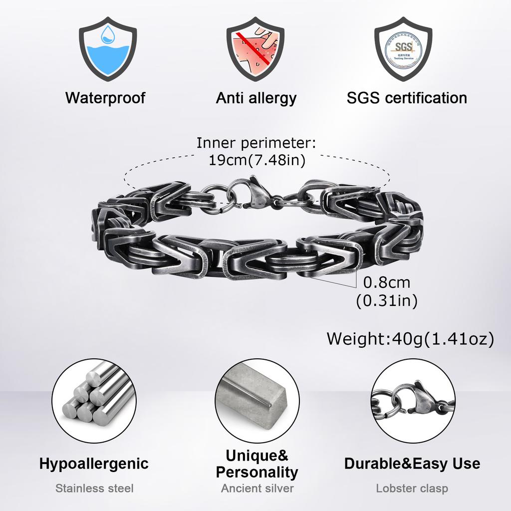 Chunky Byzantine Chain Bracelets for Men Boys,V-shape Stainless Steel Chain Link Wristband,Vintage Rock Punk Zircon