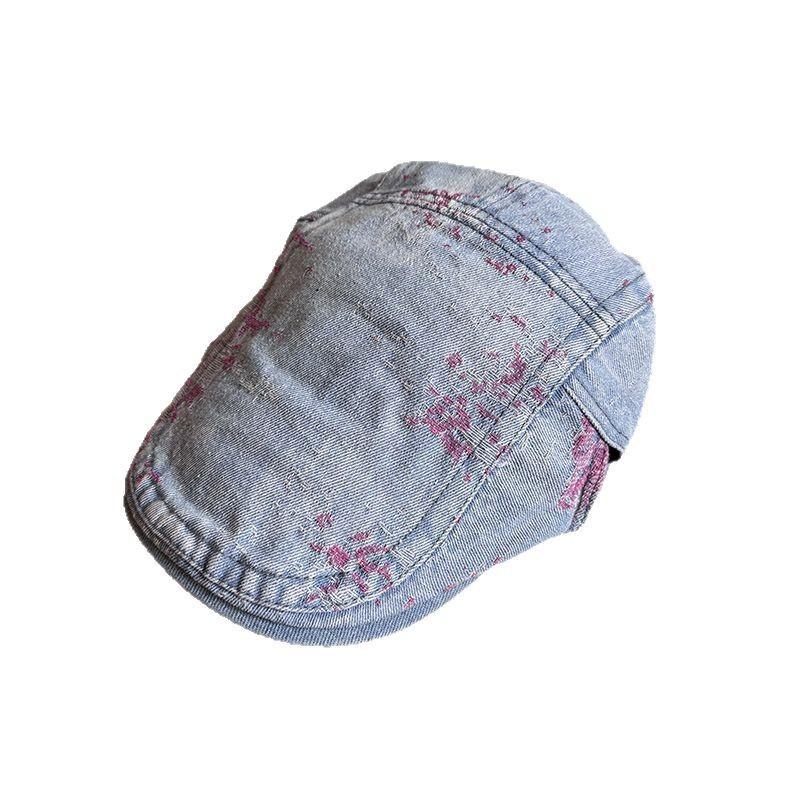 Washed Retro Denim Beret With Pattern Design For Womens Daily Casual Outing