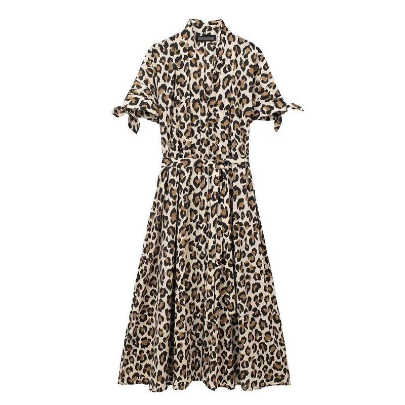 European American Women s Clothing Retro Leopard Print Short-sleeved V-neck High-waist Dress S леопардовый