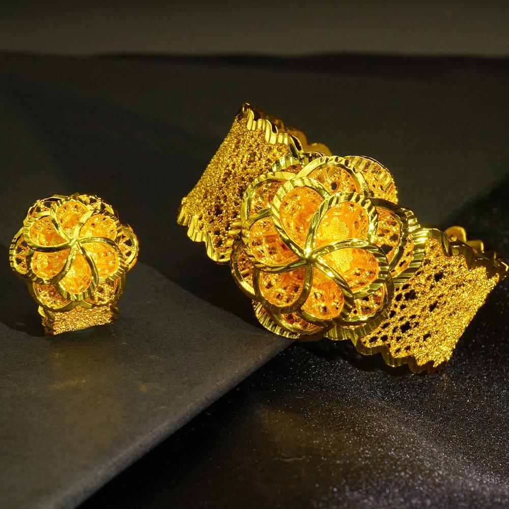 Позолоченный Женский Открытый Браслет Кольцо Набор Женский Дубайский Цветок Премиум Бижутерия