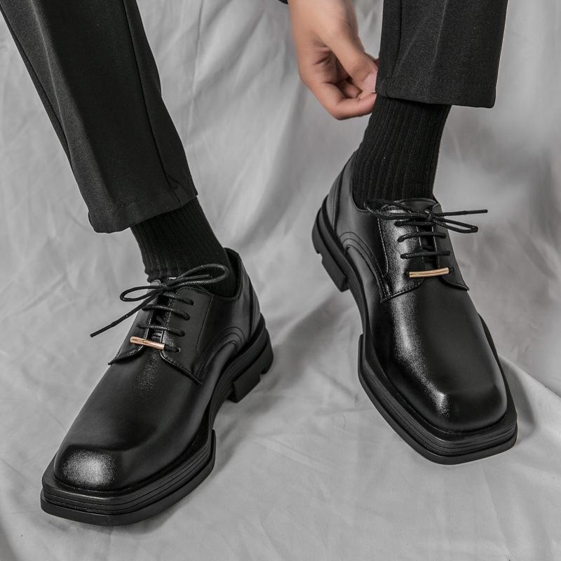 Foreign Trade Business Dress New Men's Square Head Casual Small Leather Shoes Korean Version Trendy Hairstylist Thick-soled White Single Shoes