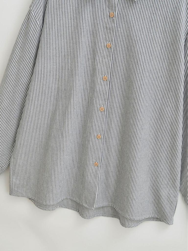 Women's Retro Striped Long Sleeve Lapel Shirt - Casual, Loose Fit for Spring and Autumn