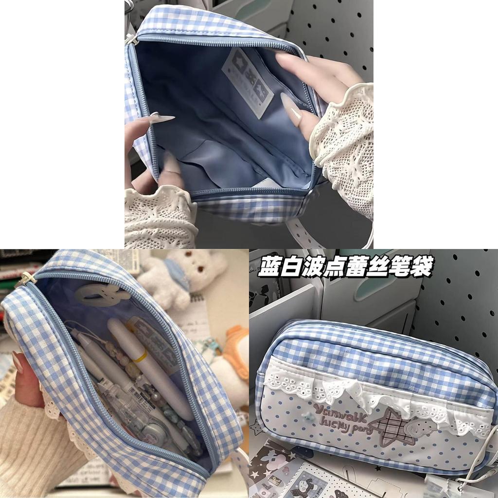 Cotton Vintage Plaid Pencil Case With Lace Detail For Students And Office Use