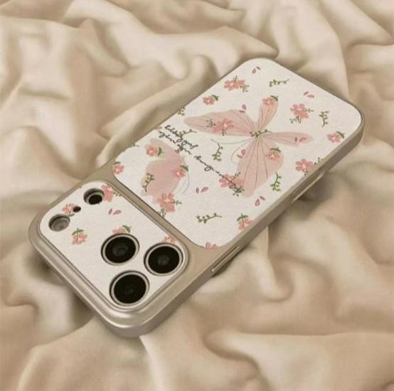 Korean Flower Butterfly Phone Case for Apple 17 Pro Max with Full Coverage, Cute Design, and Silver Frame