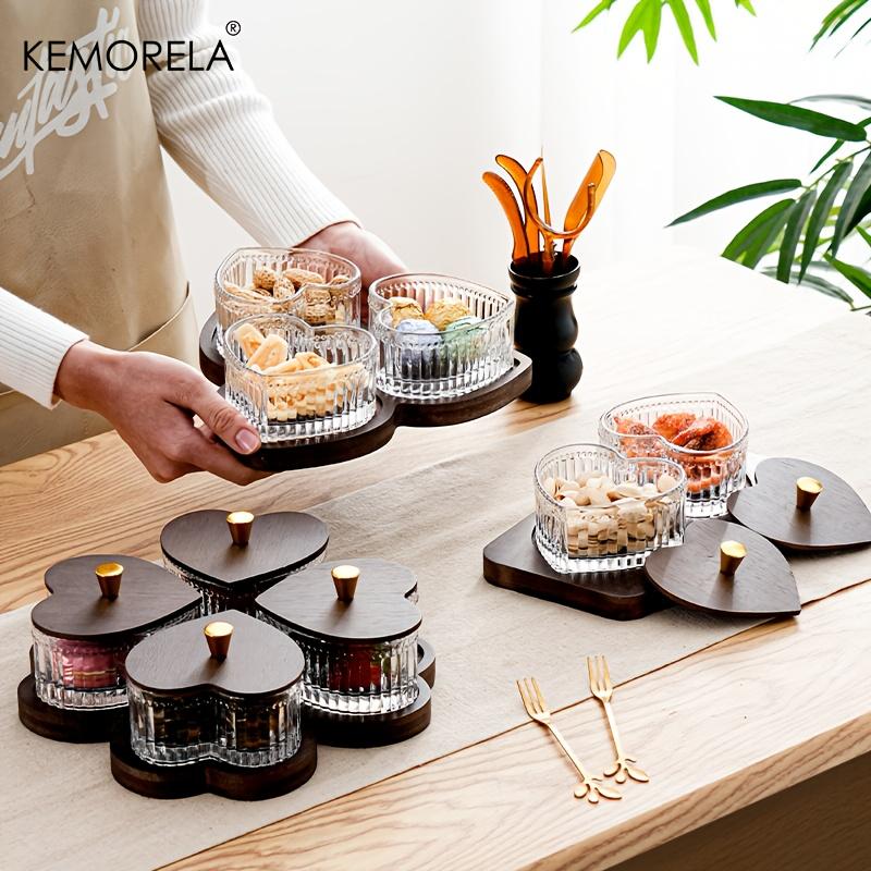 KEMORELA Glass Heart-Shaped Bowl Fruit Plate -Glass And Wood Fruit Snack Dessert Cake Plate Suitable for Family Parties Decorate