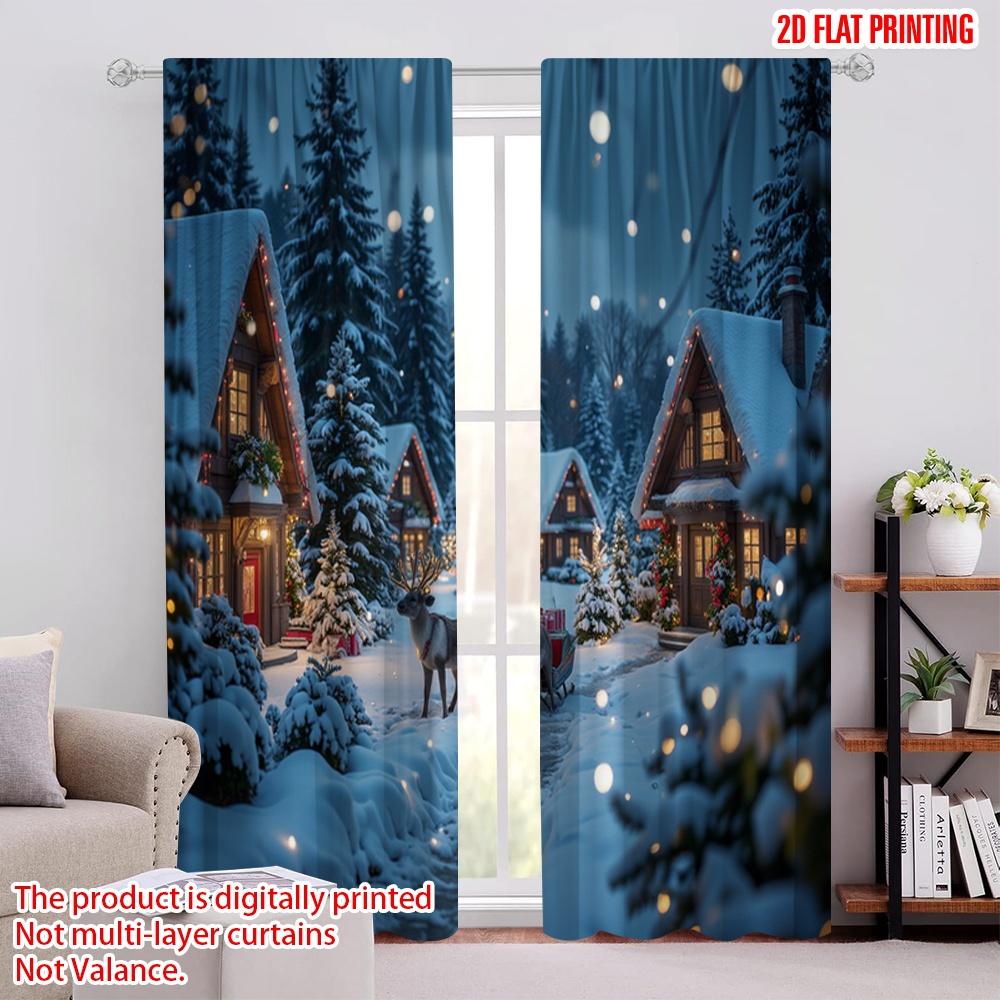 

Flat Printing Merry Christmas Drapes Versatile Polyester Without Electricity Festive Holiday Use Curtain Set Of 2 Made Washable W100*H70(CM)-Rod Pocket&2PCS