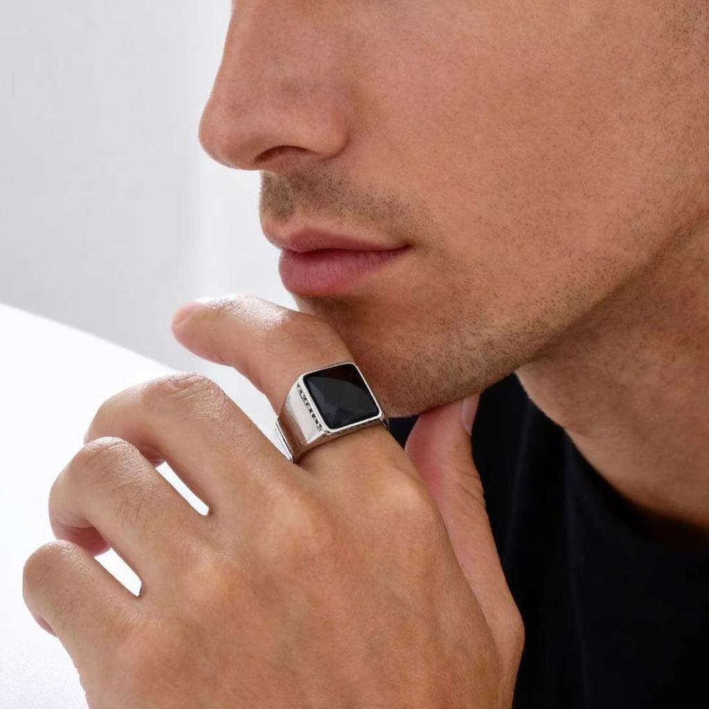 Black Square Ring for Men Boys,Waterproof Stainless Steel Signet Ring,Punk Ethnic Jewelry Gift