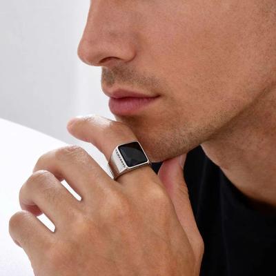 Black Square Ring for Men Boys,Waterproof Stainless Steel Signet Ring,Punk Ethnic Jewelry Gift
