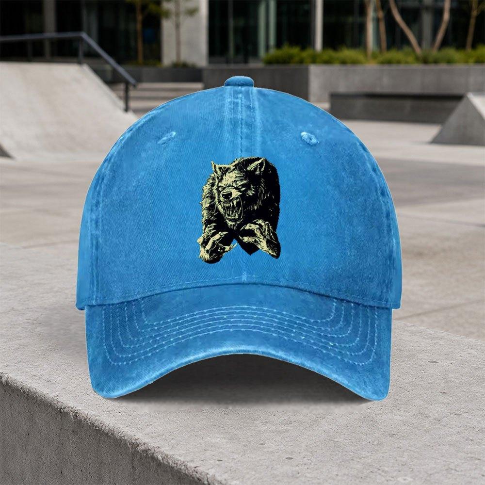 1pc Vintage Werewolf Pattern Washed Baseball Cap Classic Casual Fashion Retro Unisex Allseason Duckbill Hat Adjustable Size Su
