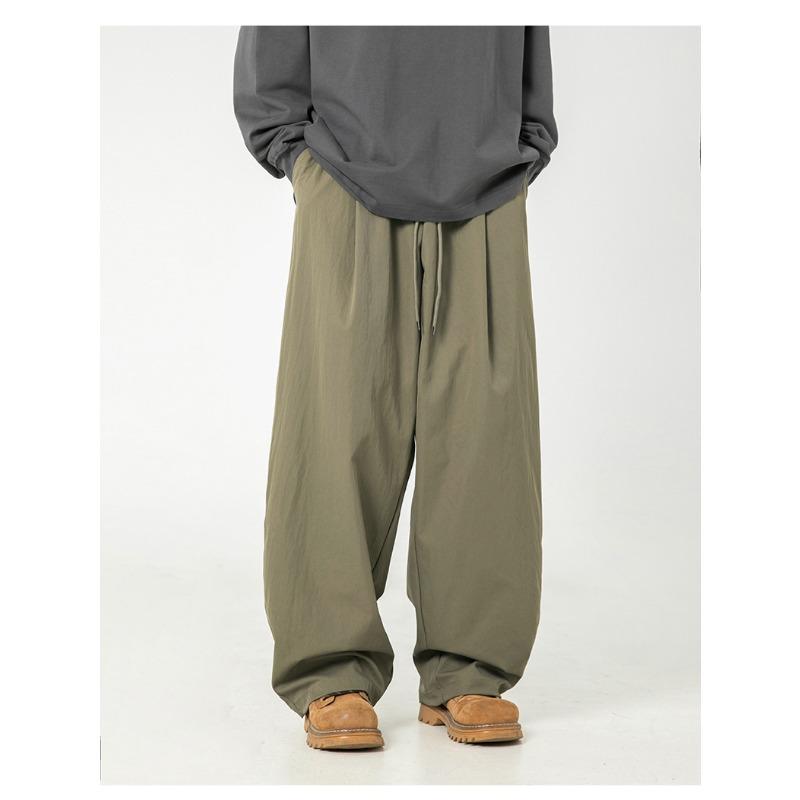 Men S Pleated Loose Straight Leg Casual Trousers Drawstring Waist Retro Pants
