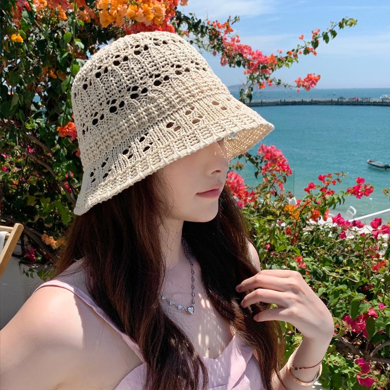 

Knitted hollow bucket hat summer sun protection hat women s outdoor portable foldable sun hat One Size