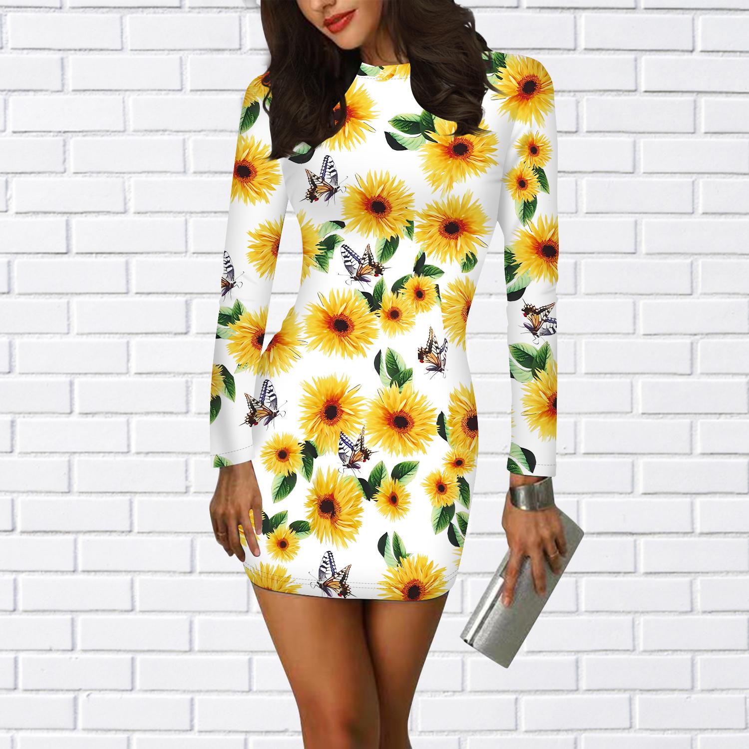 

Длинные рукава облегающее платье с 3D фиолетовым принтом подсолнухов женские мини-платья осенние облегающие эластичные вечерние платья XL жёлтый