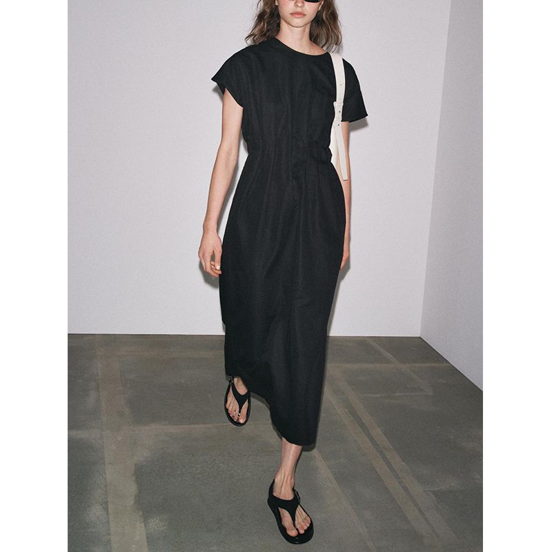 Summer New Women Clothes Basic Round Neck Casual Straight Pleated Short Sleeve Midi Dress 4333041