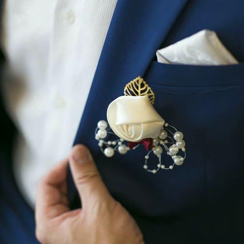 Boutonniere Anstecknadeln Hochzeit Corsage Anzug Knopfloch Seide Rosen Gold Blätter Männer Frauen Brosche Blumen Mariage Zubehör